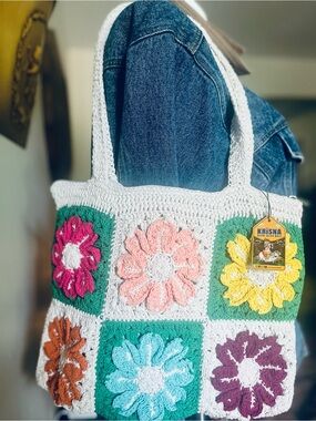 Granny square crochet Tote Bag with Multicolor Flowers Made in Bali